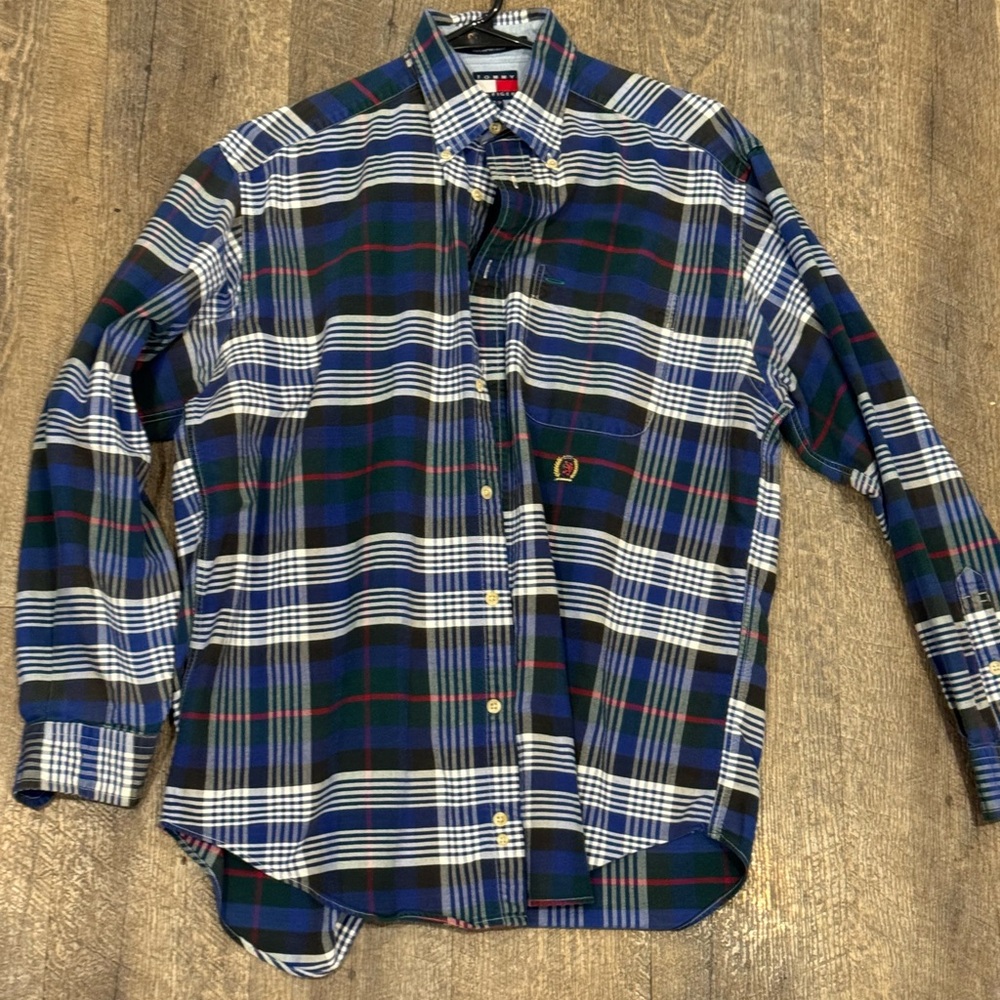 Tommy Hilfiger Men's Large Navy and Green Plaid Shirt